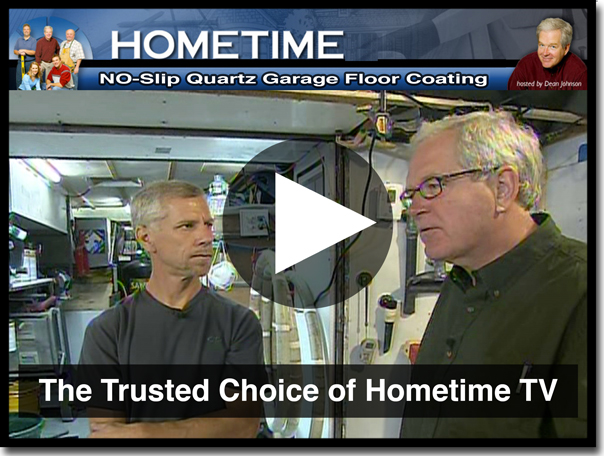 Concrete Renewal owner Greg Richard discusses no-slip Poly-Quartz garage floor coatings with Dean Johnson on Hometime TV, highlighting master-crafted durability for Minneapolis homes.